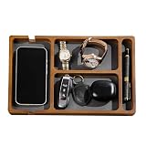 Shinpuru Wooden Valet Tray for Men, Nightstand Organizer with Leather Inlay, EDC Essentials Catchall...