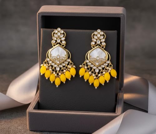 Image of Traditional 20K Gold Plated Kundan Chandbali Earrings with Black Beads and Faux Pearls for Women - Ethnic Wedding & Partyy Wear Statement Jewelry
