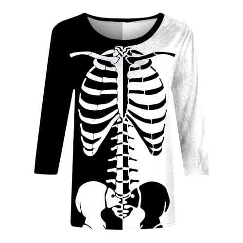 Camisetas femininas de manga longa outono verão gola canoa crânio gráfico feriado halloween kawaii c