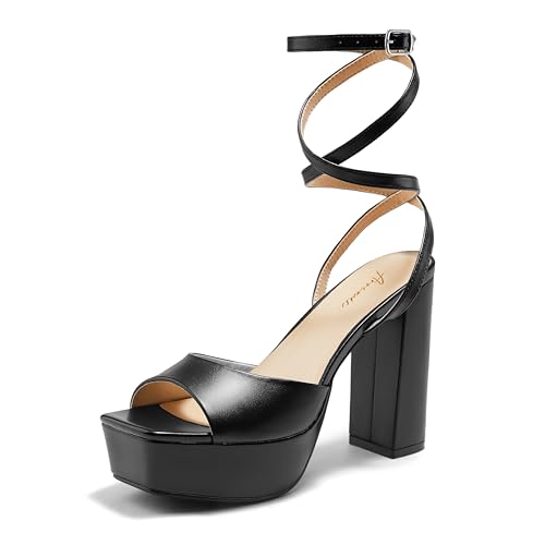 Arromic Women's Platform Strappy Heels High Chunky Sandals 4.5 Inches Square Open Toe Heeled Sandals Black Blue Red Ankle Strap Sexy Pumps Prom Dress Party Wedding Shoes