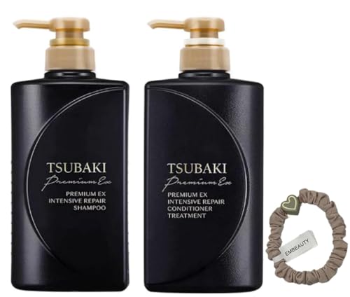 TJ SIGNATURE TSUBAKI Premium EX Intensive Repair Shampoo and Conditioner Bundle - Black Series Hair Care Set for Damaged Hair (400ml+400ml) bundle with a hair tie