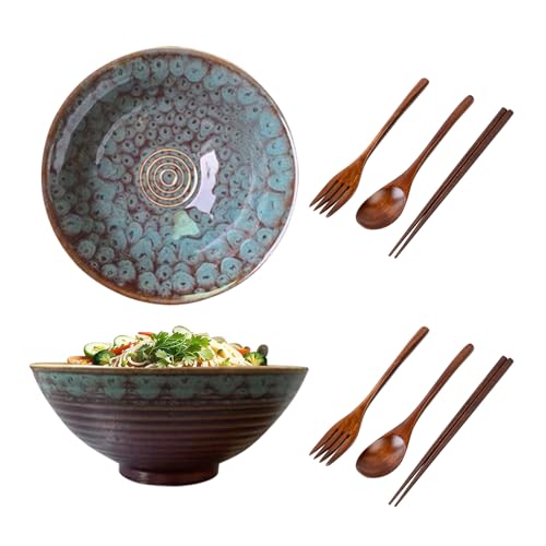 Juego de 2 cuencos para sopa con palillos, tenedor y cuchara, 1200 ml, cuenco de ensalada de cerámica para fideos udon asiáticos, cuenco grande de 20 cm (cola de pavo real)