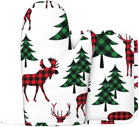 Christmas Tree and Reindeer Printed Oven Mitts and Pot Holder Set Non-Slip Heat Resistant Silicone Oven Gloves for Kitchen Grilling Cooking
