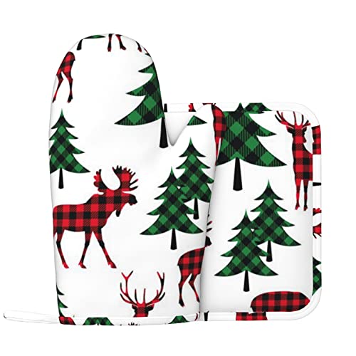 Christmas Tree And Reindeer Printed Oven Mitts And Pot Holder Set Non-Slip Heat Resistant Silicone Oven Gloves For Kitchen Grilling Cooking #TOP1