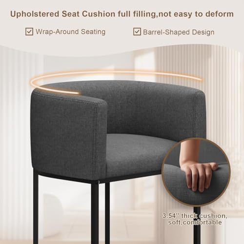 Image of 26 inch H Counter Height Bar Stools Set of 4, Modern Barrel Counter Stools with Backrest and Arms, Linen Fabric Upholstered Accent Barstools for Kitchen Island,Support 450 LBS (Carbon Black)