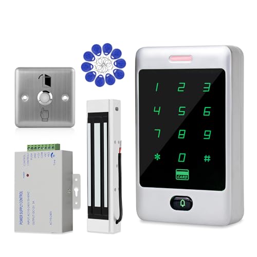 ReaIOKbii Kit de sistema de control de acceso autónomo Teclado RFID Touch Teclado de metal Lector de tarjetas de puerta 180 kg/350 libras Cerradura magnética + botón de salida 10 llavero ID