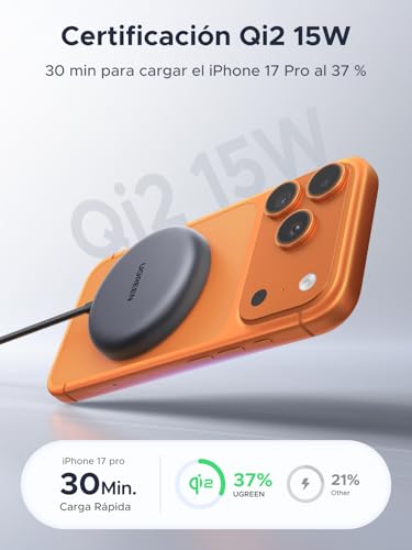 Miniatura 2 de UGREEN Zapix Cargador Inalámbrico Qi2 15W Certificado MagSafe (1 Pack) | Compatible con iPhone 17 16 15 14 13 12 Air Plus Pro Max AirPods 4 3 Pro 3 2 1, Carga Magnética Rápida, Cable 1,5 m