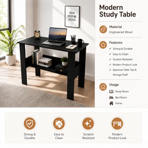 Image of SPYDER CRAFT Modern Specio Engineered Wood Study Table with Storage Shelf | Clean Minimalist Computer Desk for Home, Office, & Bedroom | Durable & Easy to Clean (Black) (Assembly DIY)