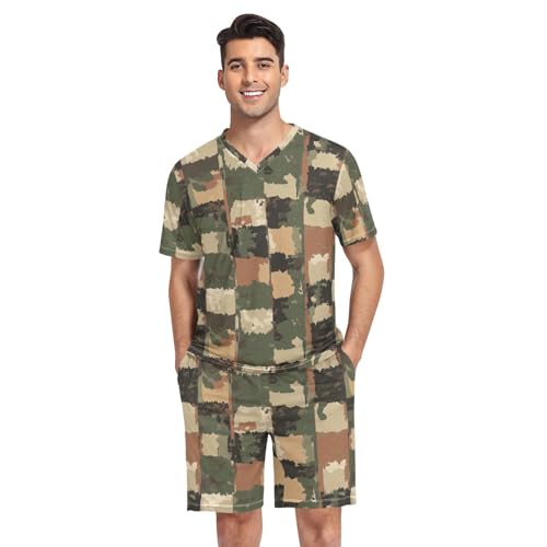 Camouflage Men’s Pajama Sets Short Sleeve Lounge Wear with Elastic Waistband and Drawstring