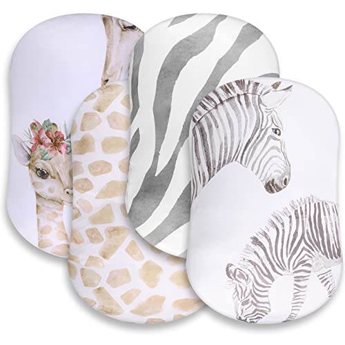 4 Pcs Baby Bassinet Sheets Soft Fitted For Baby Boys Girls Soft Cotton Animals Bassinet Sheet Cover Safe Comfort For Standard Bassinet Pads Rectangular Mattress Cradle, Zebra, Giraffe #TOP20