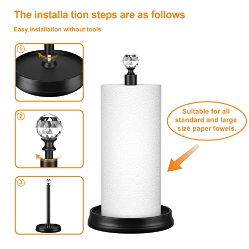 Kasunto Paper Towel Holder (With Crystal Head) Steel Paper Towel Holder Countertop，Black Paper Towel Holder For Kitchen Countertops, Bars & Dining Tables,Fits Standard & Jumbo Rolls,Matte Black #TOP3