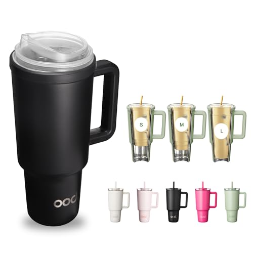 OOD OniVerso 40 oz Stainless Steel Insulated Tumbler with Handle and Straw, Iced Coffee Cup Holder for Disposable Cups, Leak Proof Tumbler, City Night (Black)