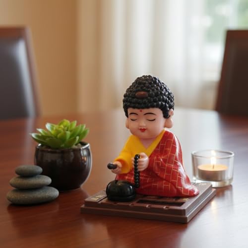 Image of Solar-Powered Moving Head Buddha Statue| Feng Shui Monk Figurine for Positive Energy, Peace & Prosperity | Shaking Head Buddha Idol for Car Dashboard, Home & Office Decor (Red and Yellow)