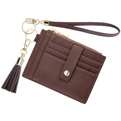 New Fashion Kingdom Wristlet Keychain Wallet for Women Slim Rfid Blocking Credit Card Holder Wristlet Wallet Small Compact Leather Wallet for Women (Brown 1)
