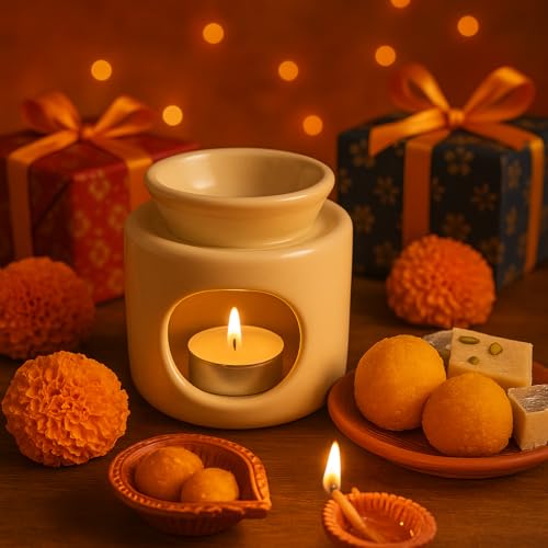 Image of Pure Source India Ceramic Oil Burner | Aroma Diffuser| Tealight Candle Holder for Essential Oils | Elegant Wax Melt Burner for Spa, Meditation & Diwali Decor | 30ml Capacity | 4 Inch