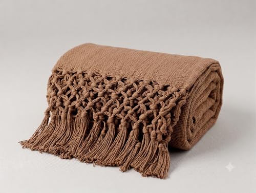 HAKAM Cotton Throw Blanket with Macrame Tassels for 3 Seater Sofa | Ideal for Your Home, Living Room, Sofa, Bed, Chair, Picnic & Used for Gift - 50X70 inch | Light Orange (Orange, Small Single)