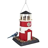 North States Village Collection - Large Red/White Lighthouse Bird Feeder:...