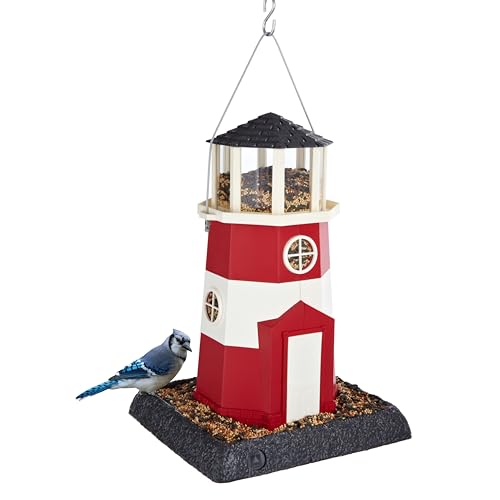 North States Village Collection - Large Red/White Lighthouse Bird Feeder: Hanging Bird Feeder for Outdoors, Holds 8 Pounds of Seed