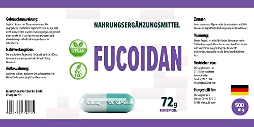 Hepatica Fucoidan Blasentang 500mg 120 Vegane Kapseln, Laborgeprüft , Hochdosiert, Nicht GVO & Glutenfrei