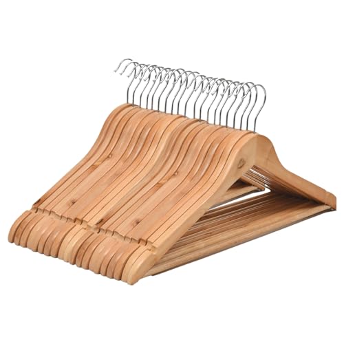 Image of Amazon Basics Wooden Hangers - Glossy Finish, Natural Wooden Color, Chrome Hook, 360 Rotation, Pant Bar, 5kg Load Capacity, Pack of 20 (Size: 44.5L x 23H x 1.2W cm)