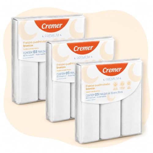 Cremer Fralda de Pano Multiuso para Recém-Nascido, Algodão 80 Fios, Kit com 3 Pacotes (9 Fraldas), 70 x 70 cm