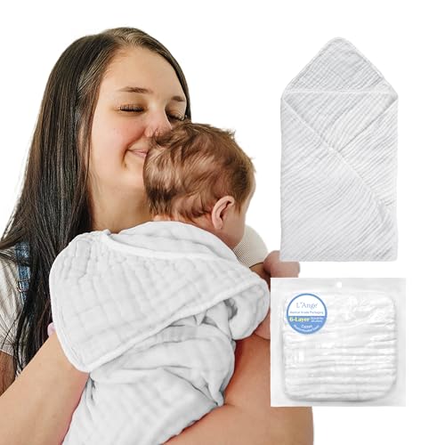 Image of L'Ange Muslin Hooded Baby Towel - Infant Bath Towel with Hood for Newborn Babies Boy or Girl - 100% Cotton - Pack of 1 - Ready to Use Medical Grade Packaging - 6 Layers - White - 31.5x31.5 in