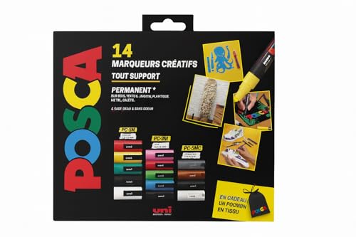 POSCA Coffret 14 Marqueurs Peinture PC-5M Pointe Moyenne – Couleurs Assorties Opaques – Marqueur Permanent à Base d’Eau pour Papier, Bois, Verre, Textile et DIY -...