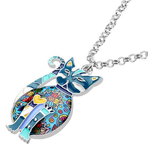 Bonsny Enamel Alloy Floral Kitten Cat Necklace Chain Pendant Fashion Jewelry For Women Girl Charm Gift (Blue) #TOP2