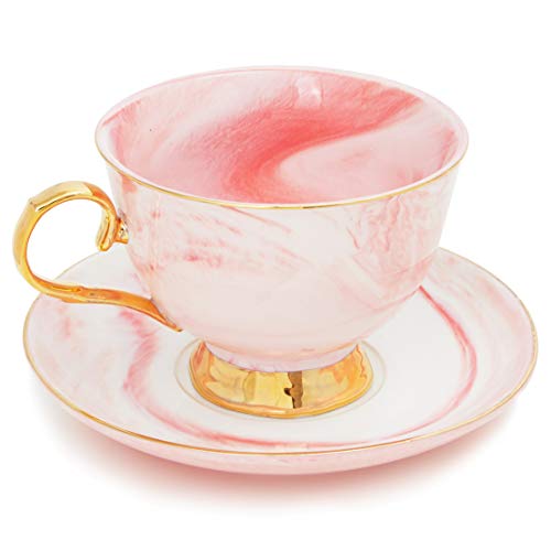 3-Piece Pink Marble Tea Cup And Saucer Gift Set For 1, 7 Oz Teacup With Gold Spoon #TOP7