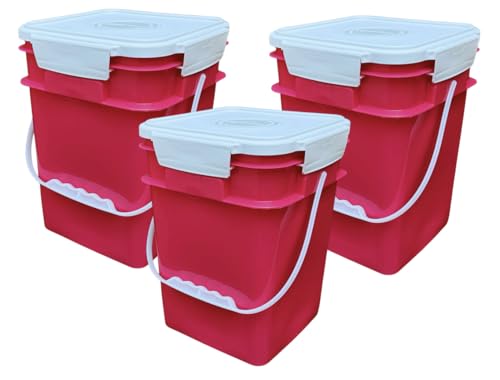 Image of House Naturals 4 Gallon Square Food Grade Bucket Pail with Plastic Handles and Lid (Pack of 3) Made in USA containers (Magenta - White lids)