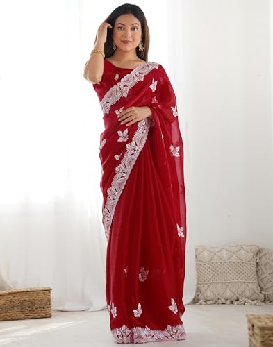 Image of SIRIL Women's Shimmer Chiffon Sequence Embroidery Saree With Unstitched Blouse Piece for Wedding and Parties