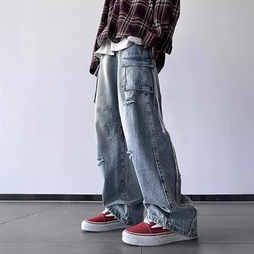 Wide Leg Cargo Jeans for Men Baggy Streetwear Ripped Denim Pants Y2k Casual Grunge Fashion Style Blue2