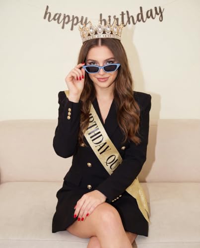 Image of Fesciory Birthday Crown for Women, Gold Plated Crystal Tiara with Sash