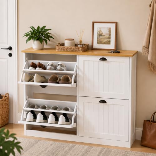 Shoe Storage Cabinet for Entryway, 16-24 Pairs Farmhouse Slim Shoe Cabinet with 4 Flip Drawers, Adjustable Shelves & Anti-Tipping Freestanding White Shoe Organizer for Small Space Hallway Apartment