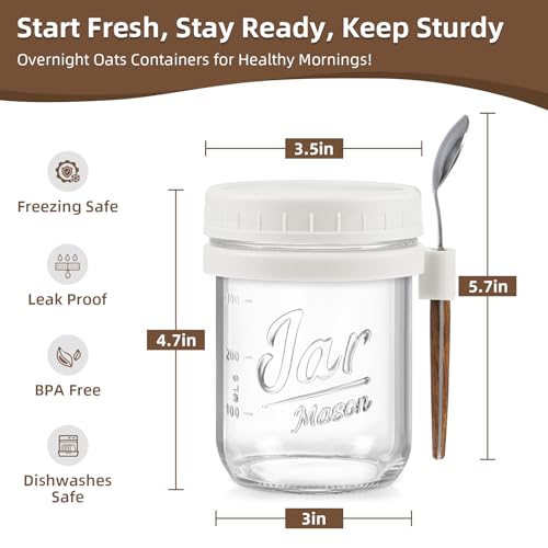 Image of LANDNEOO 4 Pack Overnight Oats Containers with Lids and Spoons, 16 oz Glass Mason Jars with Airtight Lids, Overnight Oats Jars for Milk, Cereal, Fruit-White