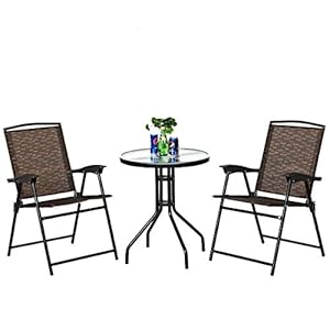 Goplus Patio Bistro Set, 3-Piece Patio Dining Furniture Set with Round Tempered Glass Table, 2 Foldable Chairs, Small Outdoor Folding Chairs & Table Set for Porch Garden Pool Yard