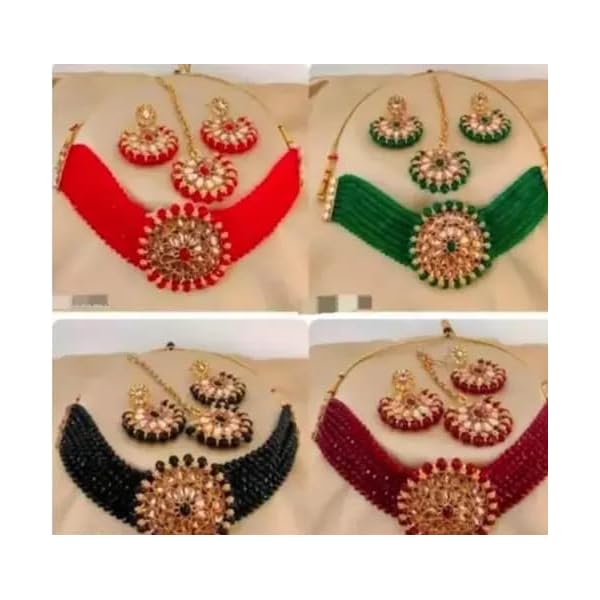 Gold Plated Pearl Beaded Adjustable Choker Necklace with Earring Maang Tikka Jewellery Set For Womens - Image 3