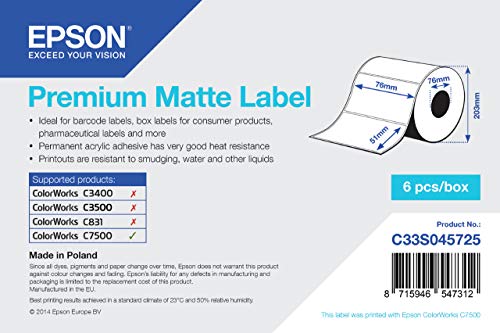 Epson Premium Matte Label - Die-cut Roll: 76mm x 51mm, 2310 labels (PREMIUM MATTE DIE-CUT - 76MMX51MM 2310 LBLS)