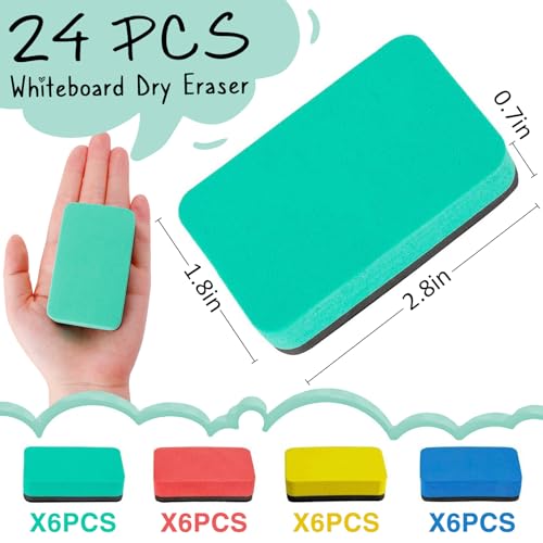 Image of 24Pcs Strong Magnetic Dry Erase Eraser, Classroom Must Haves, Rectangle | 4 Color Mini Whiteboard Eraser, Classroom Essentials for Kindergarten, Prek, Elementary, Office