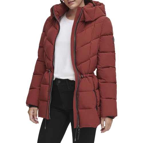 DKNY Womens Hooded Cinch Waist Puffer Coat2
