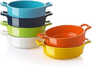 SWEEJAR Porcelain 10 Ounce Ramekins, Round Double Handle Souffle Dishes for Baking, Creme Brulee, Ice Cream, Pudding - Set of 6(Multicolour)