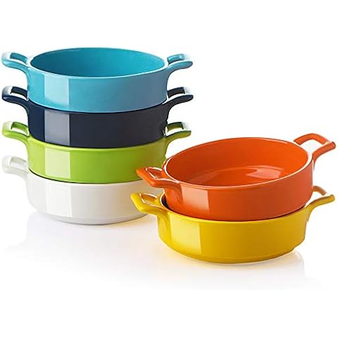 SWEEJAR Porcelain 10 Ounce Ramekins, Round Double Handle Souffle Dishes for Baking, Creme Brulee, Ice Cream, Pudding - Set of 6(Multicolour) Cover