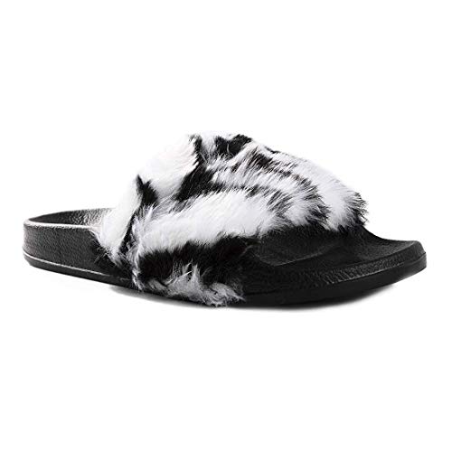 Luxe Women's Faux Sheepskin Fur Fuzzy Flat Slide Sandals Open Toe Furry Slippers Soft Cozy Plush Fluffy Indoor Slip-Ons