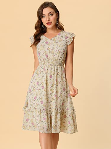 Image of Allegra K Women's Floral Dress Spring Summer V Neck Flutter Sleeve Ruffle Casual Smocked Knee Length Dresses