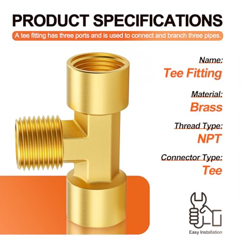 Image of GASHER 2PCS Metals Brass Pipe Fitting Barstock Male Branch Tee T Adapter 1 /4 inch Female x 1 /4 inch NPT Female x 1 /4 inch NPT Male