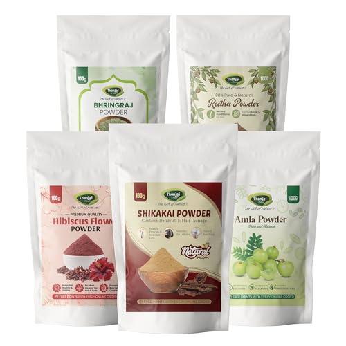 Image of Thanjai Natural Amla, Reetha, Shikakai, Bhringraj, & Hibiscus Powder Combo (100g Each) | Herbal Hair Care Powder Kit | Natural hair Cleanser Conditioner | No Chemicals, No Preservatives