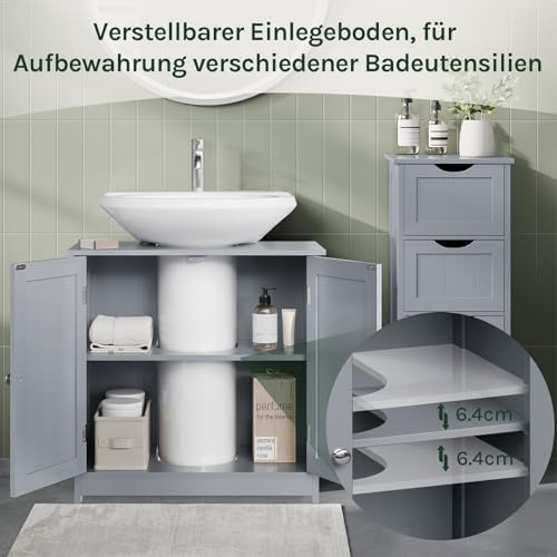 WOLTU Waschbeckenunterschrank, Unterschrank, Badezimmerschrank mit 2 Türen, Badschrank Badregal Waschtisch Holz Grau Bad waschbecken 60x60x30cm