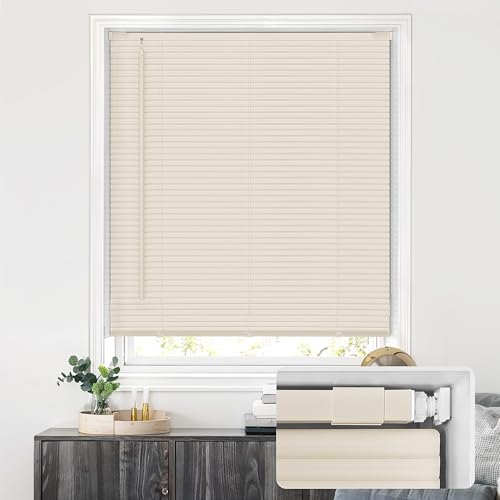LazBlinds No Tools No Drill Cordless 1" Vinyl Mini Blinds, 100% Privacy S-Curve Blinds for Indoor Windows, Room Darkening Horizontal Window Blinds and Shades for Home, 21" W x 64" H, Beige