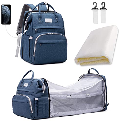 Graxury Mochila multifuncional para el cambio del pañal con cama plegable, unisex de gran capacidad, mochila impermeable portátil con gancho para cochecito, tienda de sol y mosquitera (azul marino)