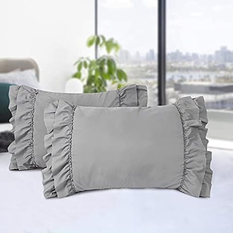 HIG Pack of 2 Chic Ruffle Pillow Shams, Queen Size Gray French Country Style Vintage Pillowcases with Handcraft Ruffle, Boho Frilly Pillow Shams for Bedroom, Microfiber, 20" X 30" (Emory) Cover